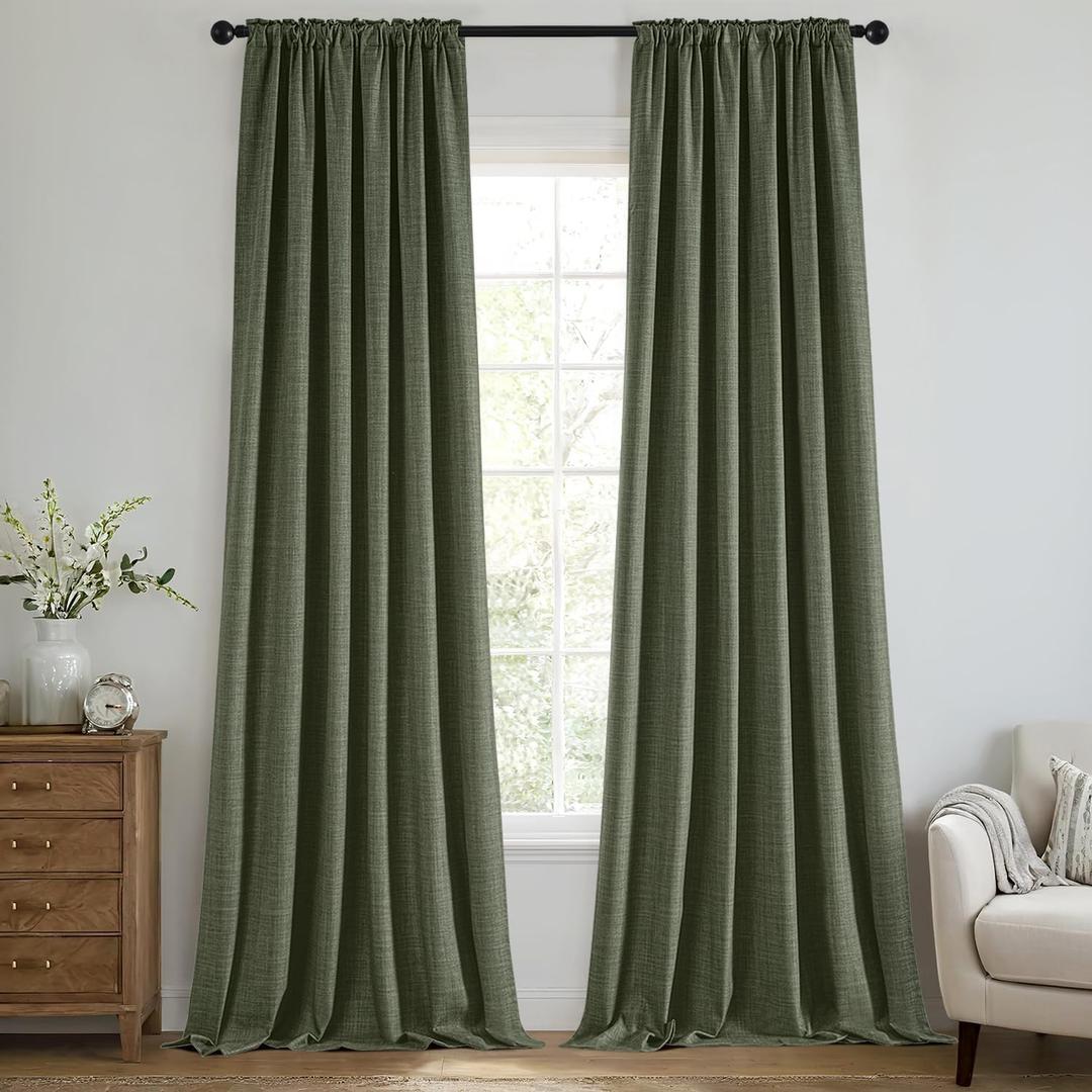 MIULEE 100% Blackout Curtains 84 Inch Long 2 Panels Set for Bedroom, Thick Faux Linen Black Out Curtain Room Darkening Back Tab Pleat Window Textured Drapes with Hooks for Living Room, Olive Green