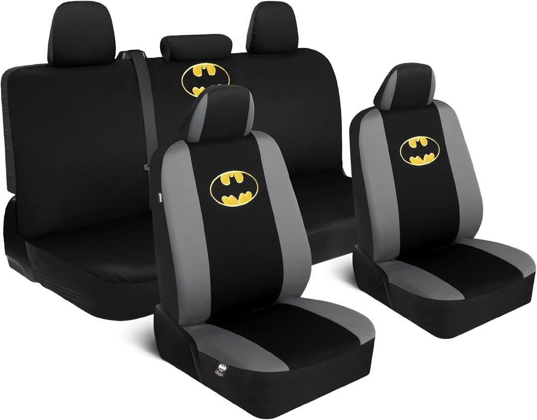 BDK Warner Bros DC Comics Batman Car Accessories 9pc Set - Universal Fit Car Seat Covers with Side Airbag Compatibility - Easy to Install for Car, Truck, Van, and SUV - Front & Rear Seats