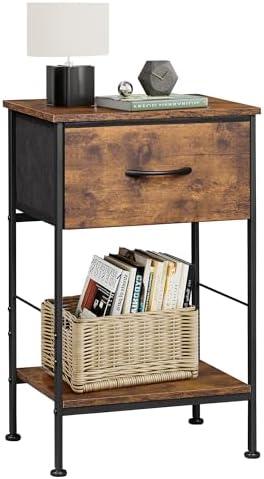 WLIVE Nightstand, Bedside Side Table for Bedroom, Dorm with Steel Frame, Night Stand End Table with Fabric Storage Drawer, Easy Assembly, Rustic Brown Wood Grain Print, 11.73''D 15.67''W 25.03" H