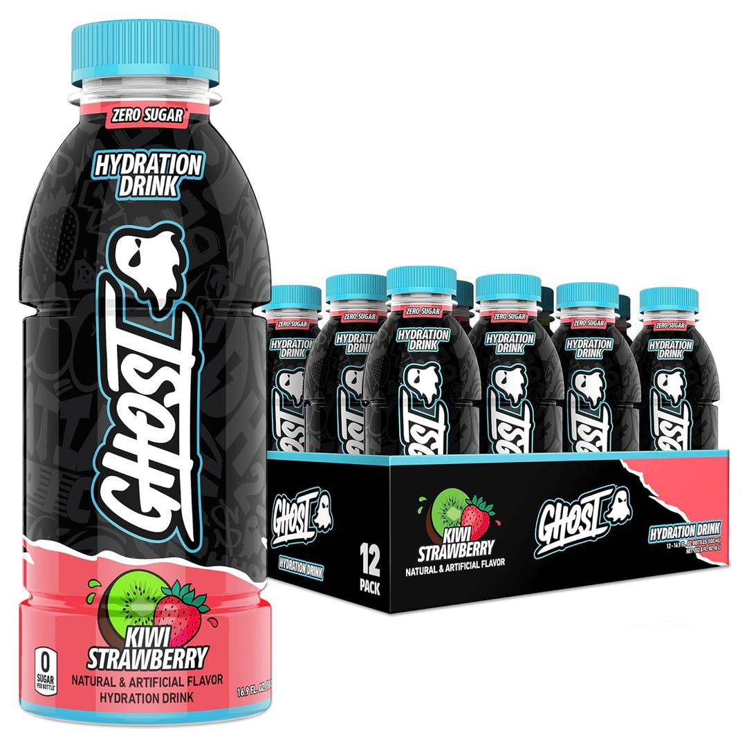 GHOST Hydration Drink, Kiwi Strawberry- RTD Sports Drink with Electrolytes, Natural Vitamins & Minerals - All Day Lifestyle Hydration Beverage - Zero Caffeine & Zero Sugars - 16.9 Fl Oz, 12 Pack (EXP 09/30/26)