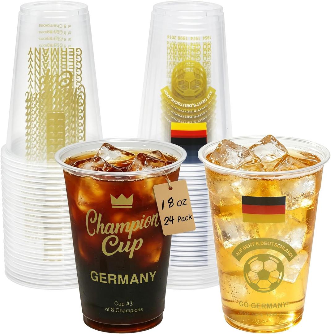 18 oz Champion Cup Salute To Germany, 4-Time World Soccer Champion, 24-Count Disposable Plastic Party Cups, Flag Themed for Fan Event Decorations Game-Day Festival, AUF GEHT'S DEUTSCHLAND