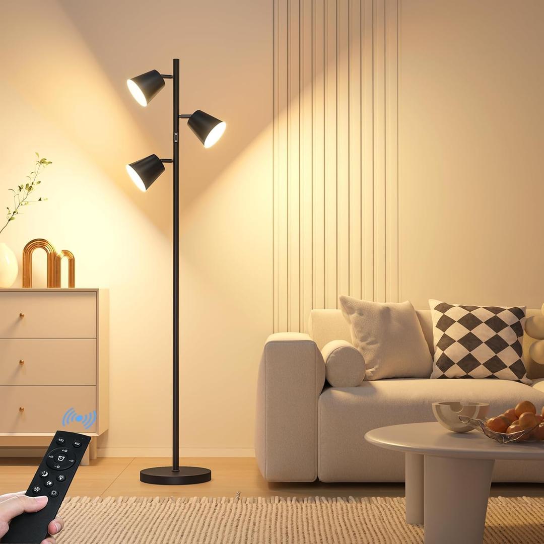UpgradedLED Tree Floor Lamp, 36W Dimmable 2500 LM Modern Standing Lamp with Remote & Touch Control, 4 Color Temperatures, 3 Rotatable LED Light Floor Lamps for Living Room Bedroom Office-Matte Black