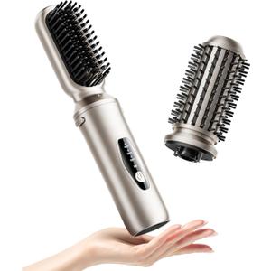 Cordless Hair Straightener Brush, 2 in 1 Curling & Straightening Brush with 200 Million Negative Ions, Mini Travel Hot Straightener Comb for Women, Fast Heating & Dual Voltage