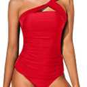 Tempt Me Two Piece Tankini Bathing Suits for Women One Shoulder Swim Top with Bottom Swimsuits (Large, Red)