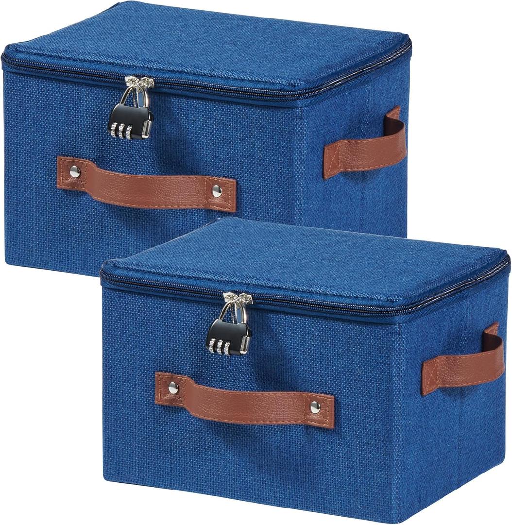 2PCS Storage Bins Box with Zipper Lid Combination Lock PU Leather Handles Cotton Linen Fabric Lidded Lockable Basket Foldable Washable Closet Shelf Organizer Container (Deep Blue, Small)