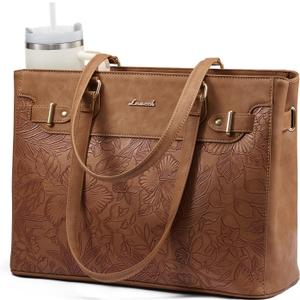 LOVEVOOK Laptop Tote Bag for Women Work, Teacher Tote Bag with Large Cup Holder, 15.6 Inch Waterproof Leather Computer Bag (Brown-print)