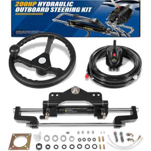 200HP Hydraulic Outboard Steering Kit Boat Marine System with Steering Wheel, Helm Pump, Hydraulic Cylinder, 26ft PU Hoses, Fit for Most Single Outboard-Powered Boats