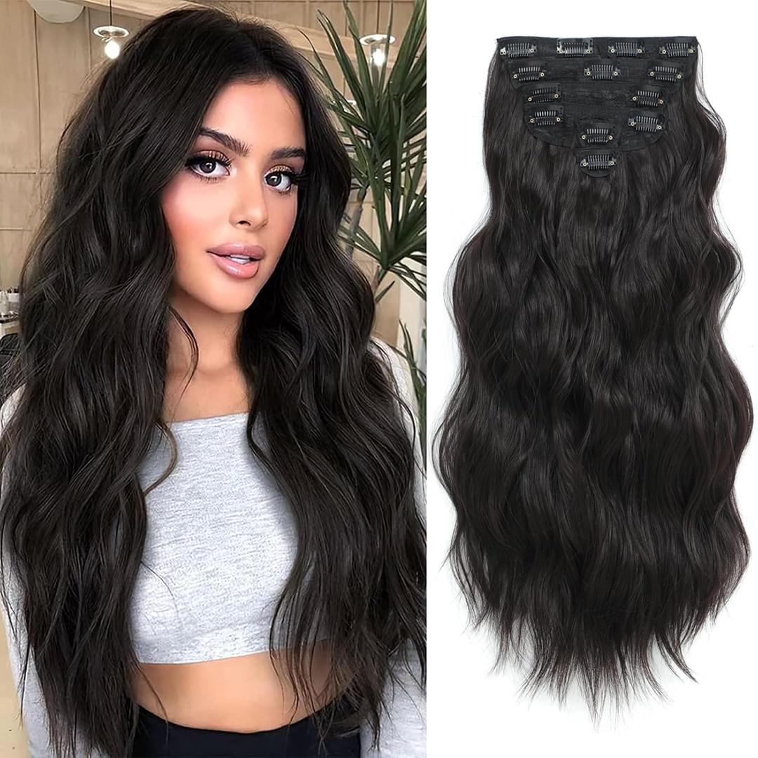 Clip in Hair Extensions for Women, 6PCS Long Wavy Curly Clip on Hair Extensions 16 Inch Dark Brown Synthetic Hairpieces