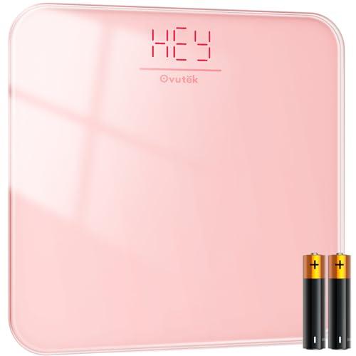 Ovutek Bathroom Scale for Body Weight, Highly Accurate Digital Weighing Machine for People, Upgraded Batteries Included, Compact Size, LED Display, High Standards Sturdy Tempered Glass, 400lb, Pink
