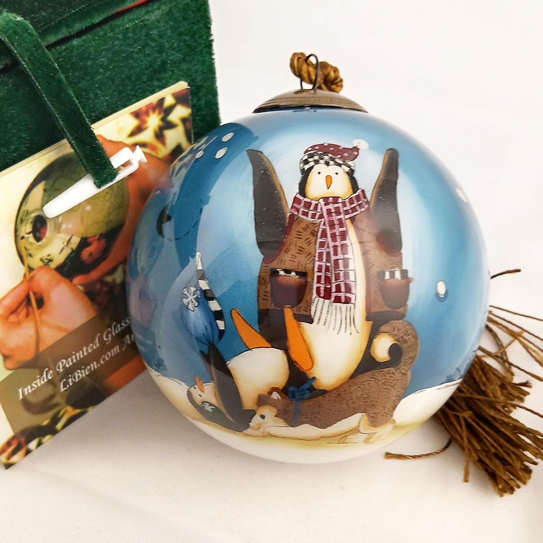 Penguin & Dog - Hand Painted Inside Glass Ornament with Gift Box by LiBien CollectibleHoliday Celebrations 2025 Decor for Thanksgiving, Christmas,New Year