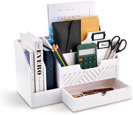Fantasyon Mail Organizer Countertop White Wood Mail Holder Wooden Desk Organizer with Drawer Desktop Mail Sorter Bill File Organizer Mail Basket Desk Office Accessories for Paper Letter Envelope
