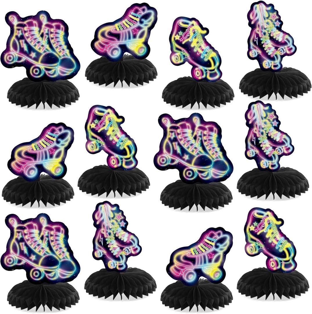 12 Pcs Roller Skating Party Decorations Skating Honeycomb Centerpieces Table Decorations Roller Skate Table Toppers Ornaments for Skateboard 80s 90s Birthday Party Supplies Favors Decor