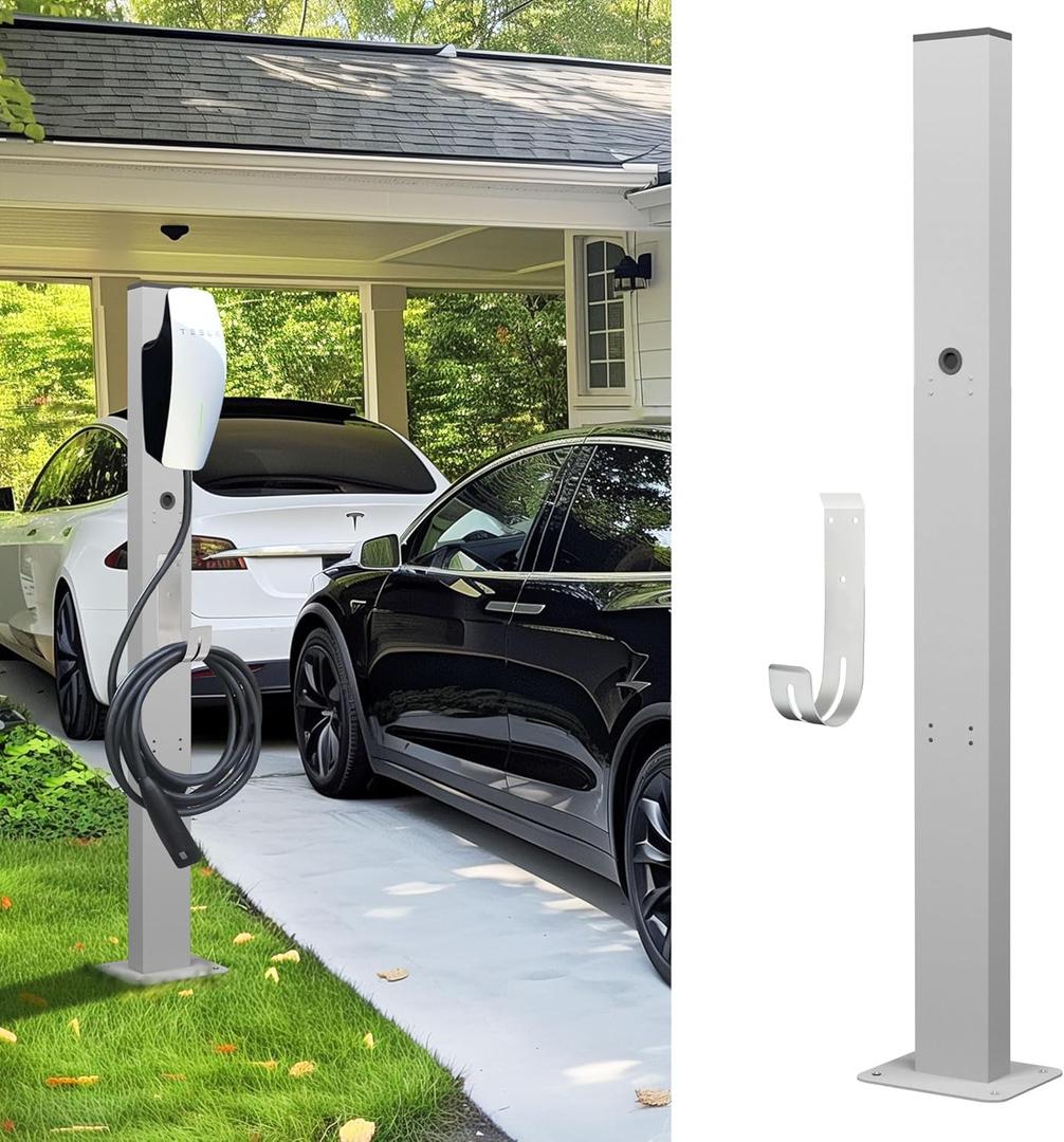 Tesla Charger Pedestal Outdoor, EV Charger Stand with Holder for for EV Charger, Tesla Pedesta for Telsa Gen 3, Tesla Mobile Connector & J1772 Wallbox Charger (Brushed White (with Hook))