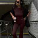 AYWA Women's 2 Piece Lounge Sets Short Sleeve Crop Top Foldover Flare Pants Casual Pajama Outfits (Brown, XXL)