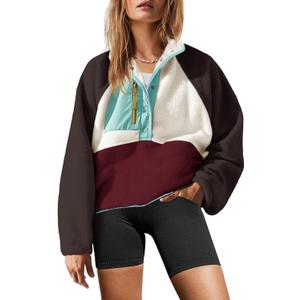Yanekop Womens Fuzzy Fleece Pullover Sherpa Sweatshirt Long Sleeve Button Down Sweater Jacket with Pockets (Small, Brown Light Blue)