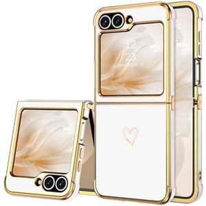 BENTOBEN for Samsung Galaxy Z Flip 6 5G Case, Cute Heart Luxury Gold Plating Slim Flexible TPU Bumper Protective Galaxy Z Flip6 Cover, Women Girls Phone Case for Samsung Z Flip 6 6.7'',White