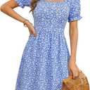 MSBASIC Women's Summer Casual Square Neck Dress Floral Puff Sleeve A Line Midi Sundress with Pockets (Blue, XS)