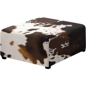 Square Cow Print Ottoman Cover Western Ottoman Slipcovers for Foot Stool & Folding Storage Furniture for Living Room with Nonslip Elastic Bottom Brown
