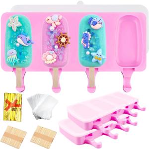3pcs Large Silicone Popsicle Molds with Lids,4 Cavities Cake Pop Molds,Oval Ice Cream Bar Mold Ice Pop Cakesicle Molds Silicone with 100 Wooden Sticks & 100 Bags &100 Twist Ties(Pink)