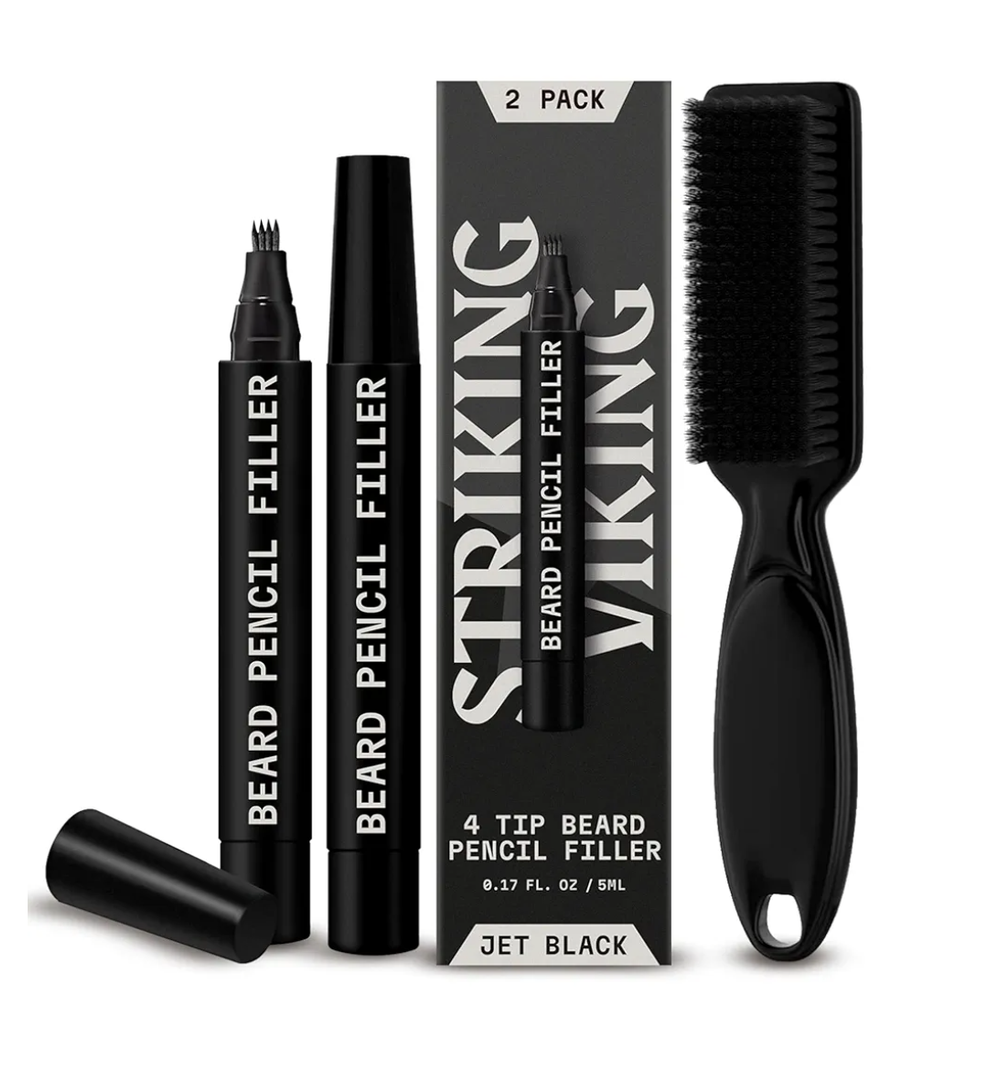 Striking Viking 2 Pack Beard Pencil Filler for Men with 4 Tips (Jet Black) - Fill, Shape & Define with this Long-Lasting, Waterproof Beard Pen Kit Including Brush