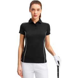 FitsT4 Sports Women's Golf Polo Shirts UPF 50+ 3 Buttons Quick Dry Collared Short Sleeve Tennis Shirt (Black, M)