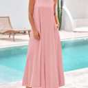 BTFBM 2025 Women Summer Vacation Dresses Sleeveless Crewneck Loose Beach Sundress Bubble Hem Tank Maxi Dress Pockets (Pink, S)