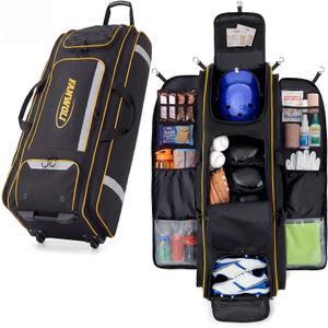 Fanwoli 100L Rolling Catchers Gear Bag - Large Baseball & Softball Duffle with 5 Fence Hooks, Locker-Style Organizer, Holds 8 Bats, Vented Shoe Zone - Essential Pro Edition