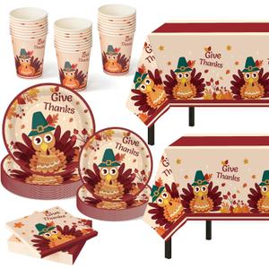 Childom Thanksgiving Party Supplies,102 Pcs Give Thanks Themed Party Set,Thanksgiving Decoration Dinnerware Set,Disposable Tablecloths Plates Cups Napkins Tableware For Fall Home Dinner Picnic Parties