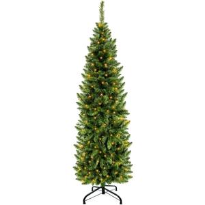 5 Ft Pencil Artificial Christmas Tree with 550 Branch Tips, Spruce Green,180 LED Warm White Lights, Include Metal Stand, UL Plug in, Slim Skinny Xmas Pencil Tree Decor for Holiday Home Indoor Outdoor