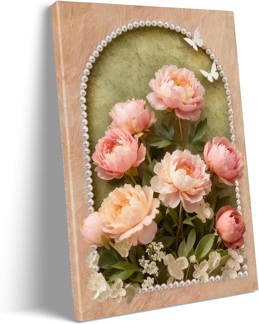 Vintage Blush Pink Peony Floral Canvas Wall Art Soft Warm Flower Wall Decor, 24"L x 16"W