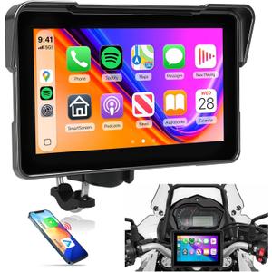 7 Inch Motorcycle Carplay Screen, Wireless CarPlay Android Auto with Design Mount Waterproof Touchscreen Supports GPS Navigation/Bluetooth Transmission/EQ