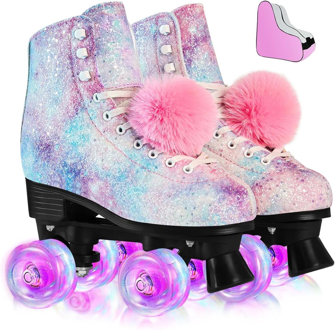 LEVYTEMP Roller Skates for Women, Men Light-Up Wheels Double-Row Rollerskates High-Top PU Leather Classic Designs Glitter Skate Shoes for Girls Beginners with a Shoes Bag Size 7 Indoor Outdoor