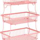 3 Tier Fruit Basket for Kitchen Counter with 2 Banana Hangers, Countertop Metal Fruit Bowl with Wooden Handle, Large Storage Stand for Vegetables, Snacks, Breads, Produce Storage – Pink