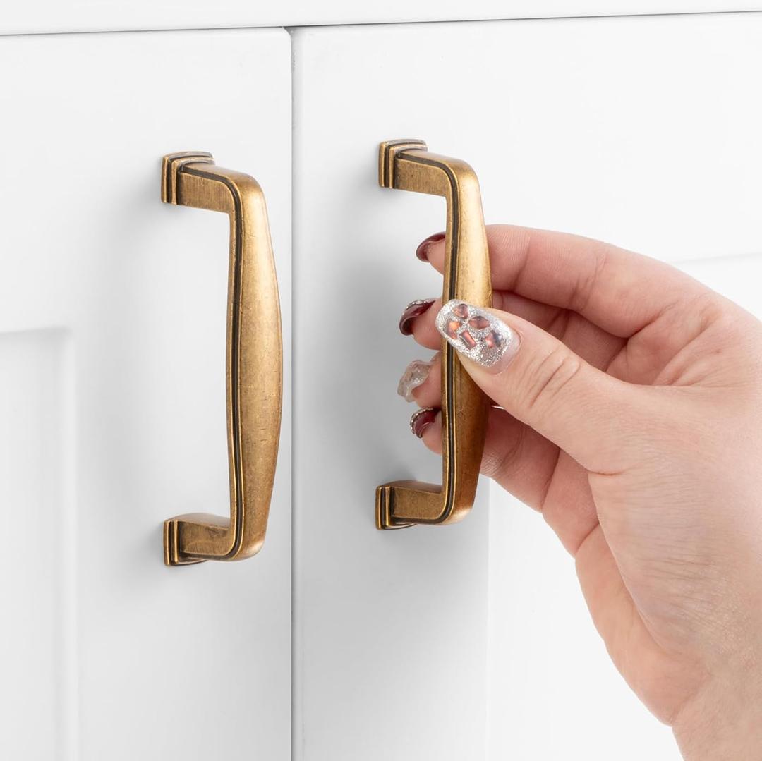 Antique Brass Cabinet Pulls, 3 Inch Hole Centers, Stepped Kitchen Cabinet Handles ZP2402 | Pack of 10, Solid Retro Hardware for Kitchen Door Drawer Dresser Bathroom Vanity Cupboard, 3"