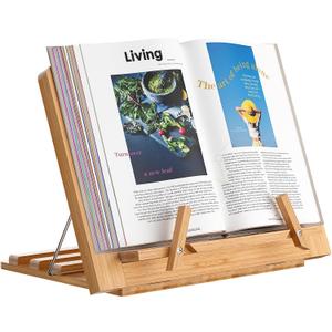 Wooden Desktop Book Stands, Adjustable Book Stand for Reading, Pezin & Hulin Cook Book Holder Seat, Bamboo Foldable Riser for Tablet, Recipe, Laptop with Page Clips