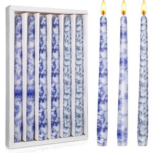 Nuanchu 6 Pcs Chinoiserie Taper Candles 10 Inch Blue and White Decorative Candlesticks Religious Advent Candles for Home Church Wedding Party