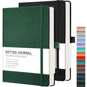 RETTACY Bullet Dotted Journal Notebook, Pack of 2, 160 Numbered Pages per Pack, A5 Medium Size (5.7'' x 8.3''), 120 GSM Thick Paper, Leather Hardcover, for Bullet Journaling (Black & Dark Green)