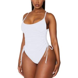 Viottiset Women's Ruched High Cut One Piece Swimsuit Tummy Control Bathing Suit Monokini (X-Large, White)