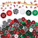 PAGOW 210Pcs Christmas Wooden Buttons, Buffalo Plaid Round Black Red White Green Buttons, 4 Holes Plaid Craft Buttons Bulk for Sewing DIY Decorations