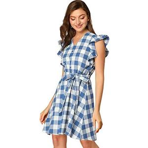 Allegra K Women's Ruffled Sleeve Belted Vintage Check Plaid Casual Summer Dress M