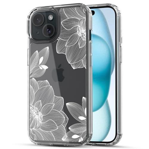 RANZ Case for iPhone 15, Anti-Scratch Shockproof Series Clear Hard PC + TPU Bumper Protective Cover Case for iPhone 15 (6.1") - Lace Chrysanthemum