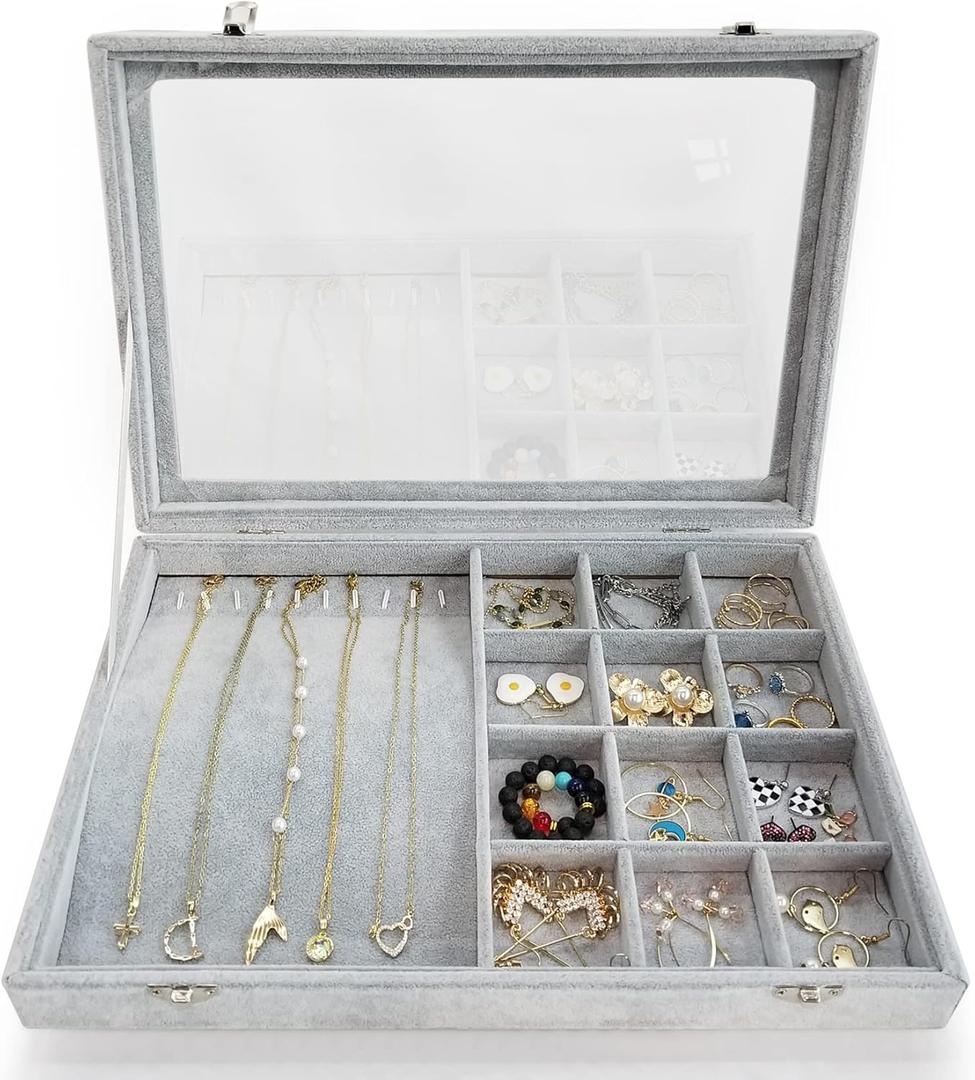 Ice Velvet Jewelry Box Display Case with a Clear Glass Window,10 Hooks Necklace Organizer Box and 12 Grids for Earrings Rings Storage Grey