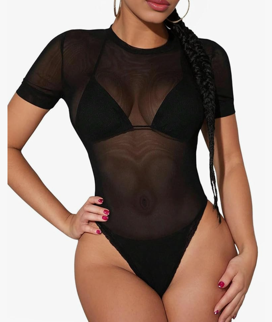 Avidlove Short Sleeve Bodysuit for Women Mesh Bodysuit Women Going Out Tops Sexy Shirts, Size XL 