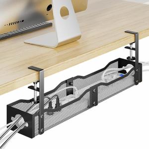 DELAMU 25'' Upgraded Under Desk Cable Management, No Dill Standing Desk Cord Management with Adjustable F-Clamp, Metal Desk Cable Organizer to Under Desk Organizer for Home Office, Black (Extended)