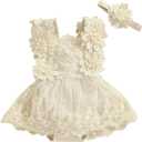 FOMOYUU Newborn Baby Girl Lace Romper Dress Sleeveless Floral Lace Outfits Summer Toddler Clothes with Headband (Apricot, 0-3 Months)