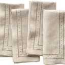 Linen Napkins Set of 4-100% Flax Linen Natural Dinner Napkins with Embroidered Dot 18 x 18 inch - Hemstitch Cloth Napkins Washable for Valentines Day, Winter and Spring Decor
