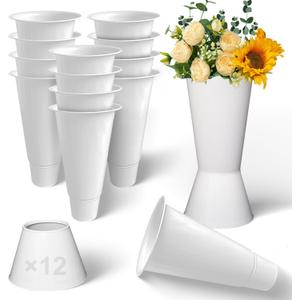 12 Pack Plastic Flower Bucket, 15.5 Inch White Flower Buckets for Cut Flowers with Base, Multi-Purpose Plastic Vase for Flower Display Stand Florist Supplies, Home Wedding Decoration