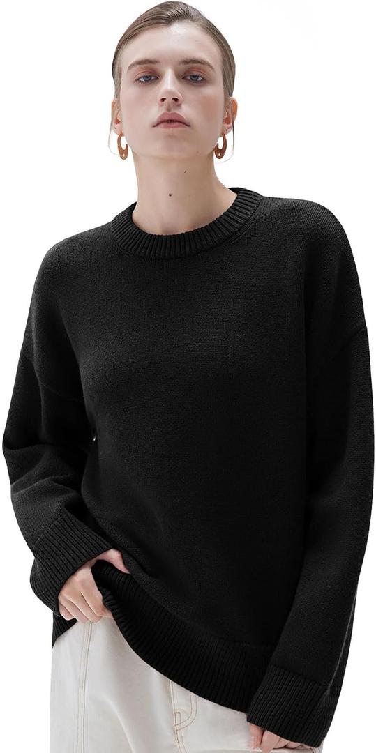 SUUKSESS Women Cashmere Blend Oversized Crew Neck Long Sleeve Pullover Sweaters (X-Small, Jet Black)