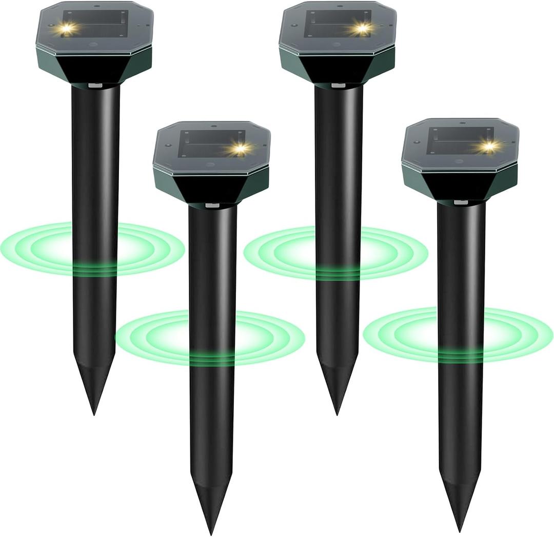 Snake & Mole & Rabbit Repellent Solar Powered, Ultrasonic Deterrent, IP65 Waterproof, to Get Rid of Gopher, Groundhog, Chipmunk, Rodent, Raccoon, Vole and Skunk for Lawn & Garden, 4 Pack