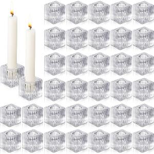 Hsei 36 Pcs Square Glass Taper Candle Holders Bulk 1.5 Inch Small Glass Candlestick Holders for 0.98 Inch Tapered Stick Candle for Wedding Table Centerpiece Decoration(Clear)